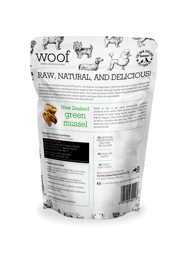 The NZ Natural Pet Food Co. | Woof | Freeze Dried New Zealand Green Mussel | Dog Treat