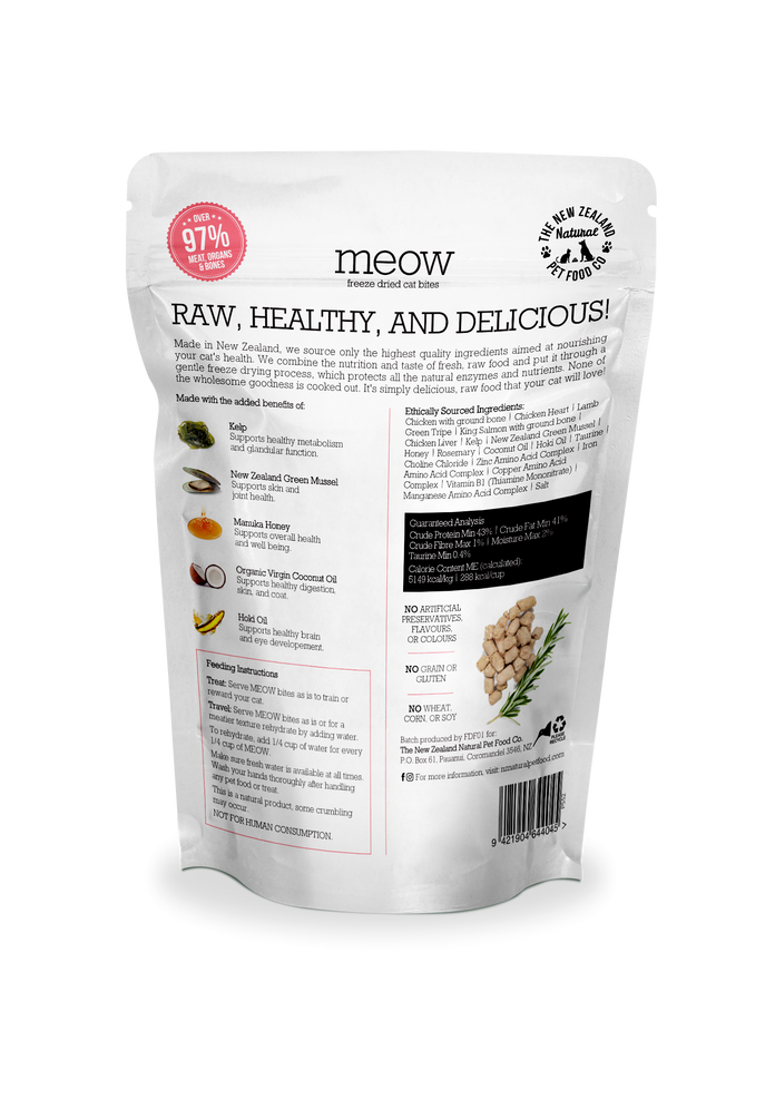 The NZ Natural Pet Food Co. | meow | Freeze Dried Chicken & King Salmon Treats (For Cats) | ARMOR THE POOCH