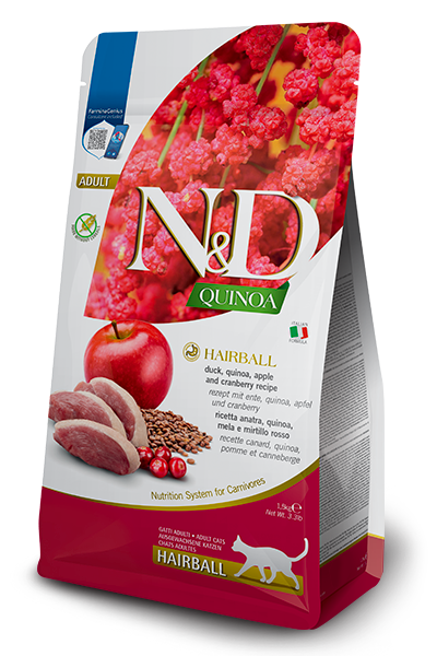 Farmina N&D Quinoa Hairball Control Duck Dry Cat Food package