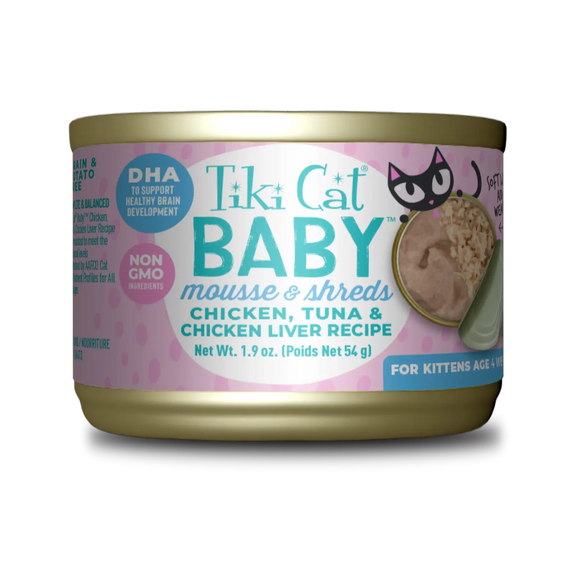 Tiki Cat - Baby - Mousse & Shreds with Chicken, Tuna & Chicken Liver Recipe (For Kittens)