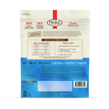 Primal Frozen Raw Scoopable Pronto Duck Recipe bag, back label