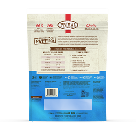 Primal Frozen Raw Patties Duck Recipe bag, back label