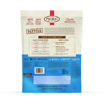 Primal Frozen Raw Patties Duck Recipe bag, back label