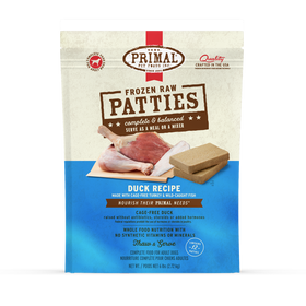 Primal Frozen Raw Patties Duck Recipe 6lb bag, front