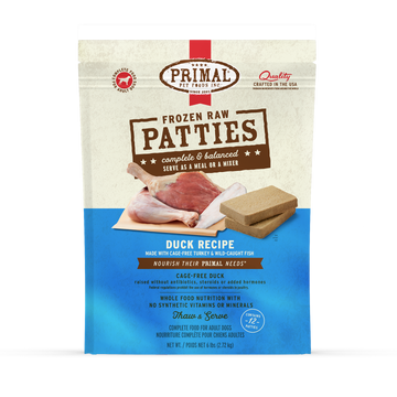 Primal Frozen Raw Patties Duck Recipe 6lb bag, front