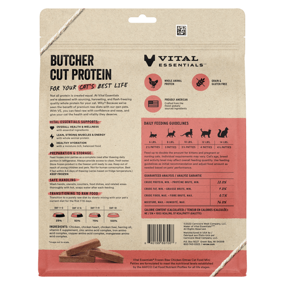 Vital Essentials Frozen Raw Chicken Mini Patties for Cats back of bag