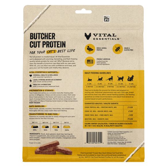 Vital Essentials Frozen Raw Duck Mini Patties for Cats back of bag