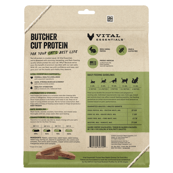 Vital Essentials Frozen Raw Rabbit Mini Patties for Cats back of bag