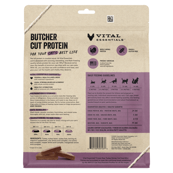 Vital Essentials Frozen Raw Turkey Mini Patties for Cats back of bag