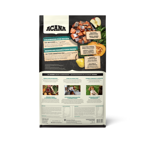 ACANA Coldwater Fish Recipe bag back with ingredients and guaranteed analysis