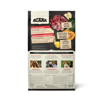 ACANA Red Meat Recipe bag back with ingredients and guaranteed analysis