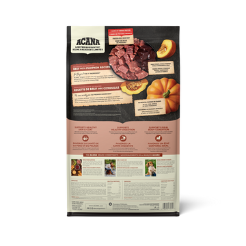 ACANA Singles Beef with Pumpkin bag back with ingredients
