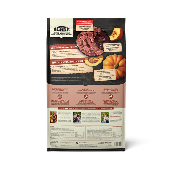 ACANA Singles Beef with Pumpkin bag back with ingredients