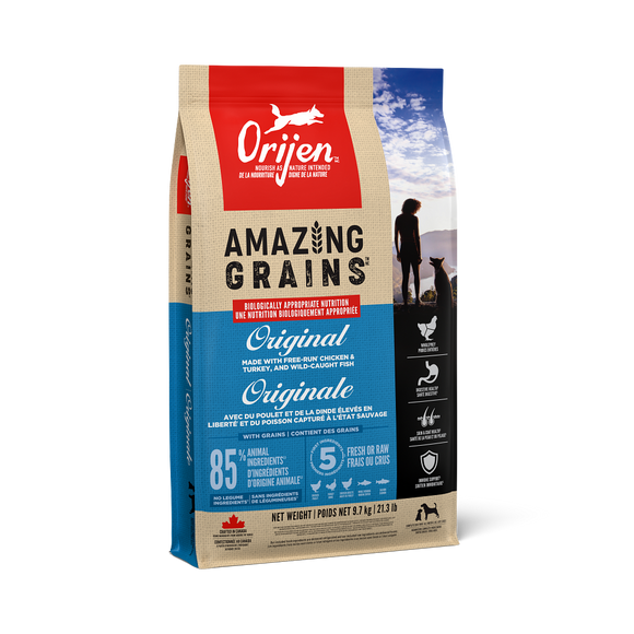 ORIJEN Amazing Grains Original high-protein dry dog food bag