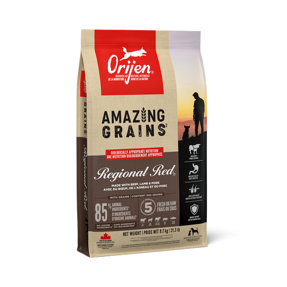 ORIJEN Amazing Grains Regional Red dry dog food bag, front
