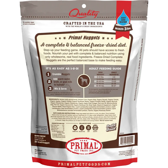 Primal - Nuggets - Freeze Dried Nuggets - Venison Formula (Dog Food)