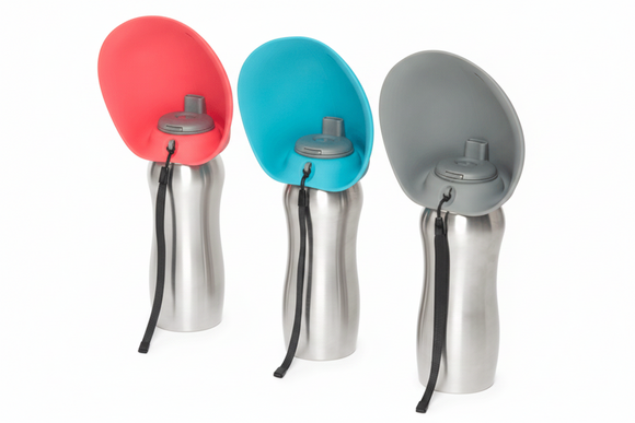 Messy Mutts stainless travel water bottle in Blue, Grey and Watermelon