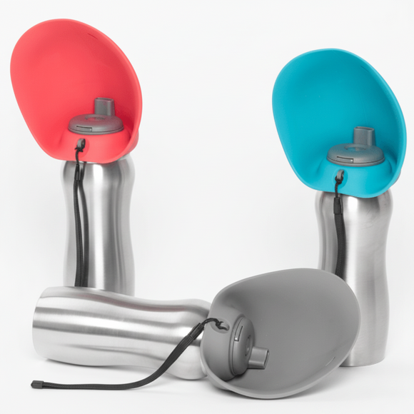 Messy Mutts travel water bottle with flip up bowl open