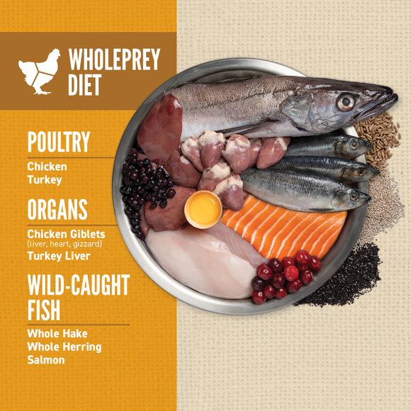 ORIJEN Amazing Grains Puppy WholePrey ingredients: poultry, organs and wild-caught fish