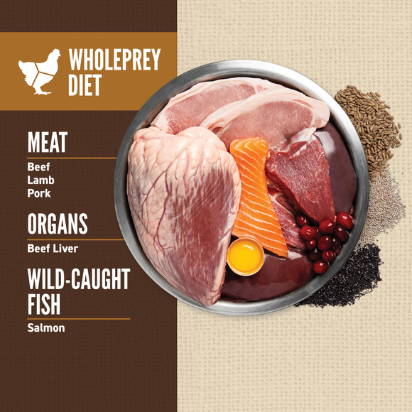 ORIJEN Amazing Grains Regional Red WholePrey ingredients: beef, lamb, pork and fish