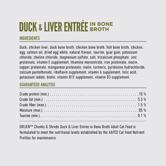 ORIJEN Chunks & Shreds Duck & Liver Entrée ingredients and guaranteed analysis