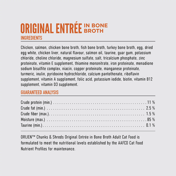 ORIJEN Chunks & Shreds Original Entrée ingredients and guaranteed analysis