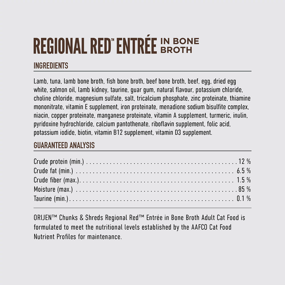 ORIJEN Chunks & Shreds Regional Red Entrée ingredients and guaranteed analysis