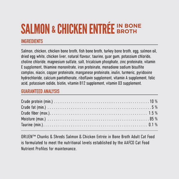 ORIJEN Chunks & Shreds Salmon & Chicken Entrée ingredients and guaranteed analysis