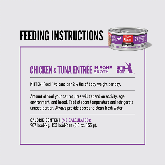 ORIJEN Chunks Chicken & Tuna Kitten Entrée feeding guide