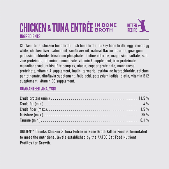 ORIJEN Chunks Chicken & Tuna Kitten Entrée ingredients and guaranteed analysis
