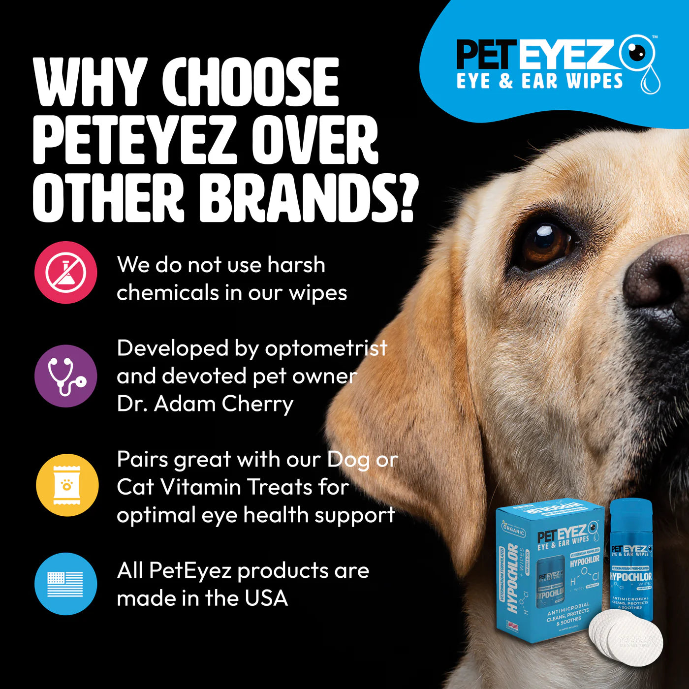 PETEYEZ - Eye and Ear Wipe W/ Hypochlor (For Dogs & Cats)