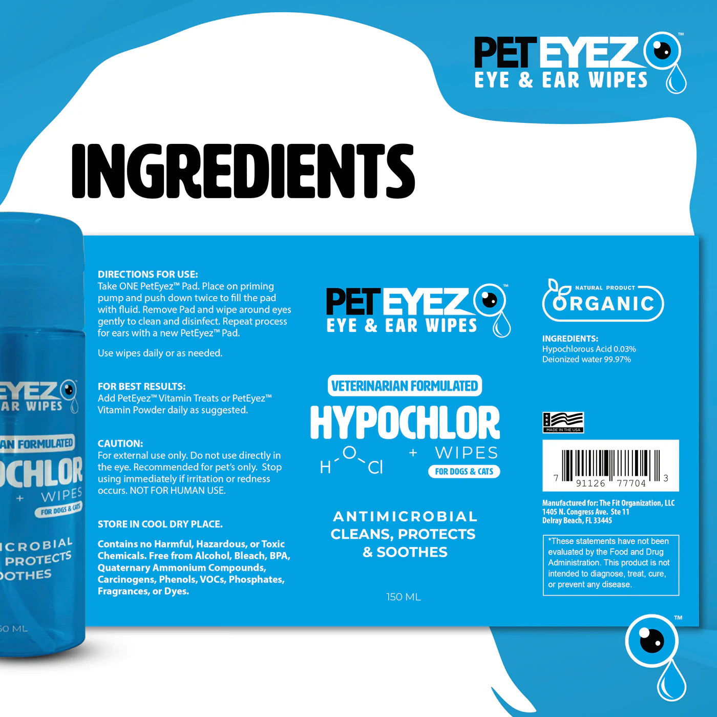 PETEYEZ - Eye and Ear Wipe W/ Hypochlor (For Dogs & Cats)