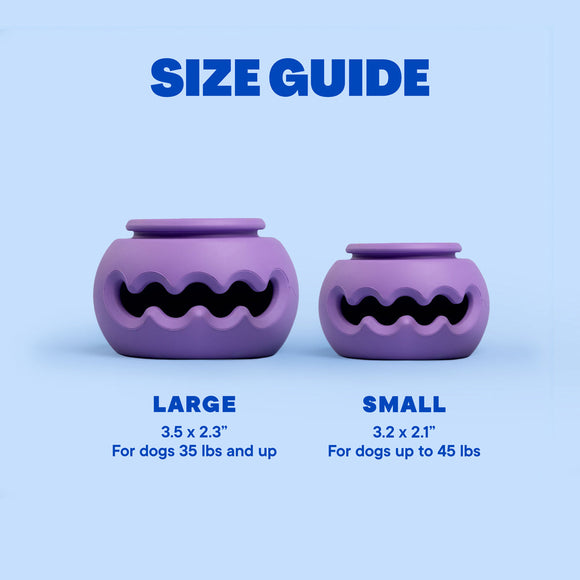WAGLAB PlayStack The Squiggle size guide: Large 3.5 x 2.3 in for dogs 35 lbs and up, Small 3.2 x 2.1 in for dogs up to 45 lbs