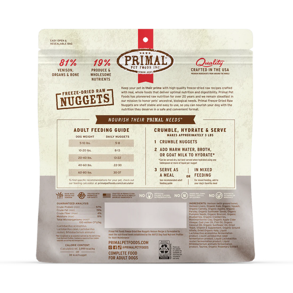 Primal - Nuggets - Freeze Dried Nuggets - Venison Formula (Dog Food)