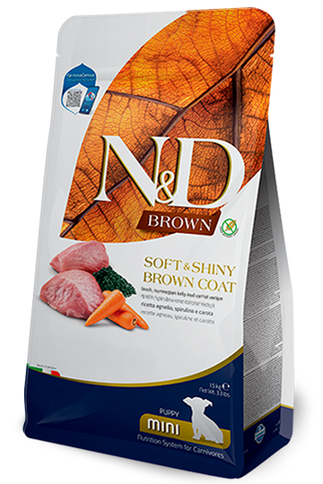 Farmina N&D Brown Coat Lamb, Kelp & Carrot Puppy Mini Dry Dog Food package
