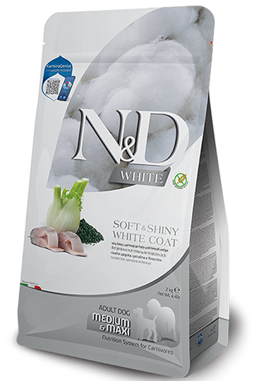 Farmina N&D White Coat Sea Bass, Kelp & Fennel Adult Medium & Maxi Dry Dog Food package