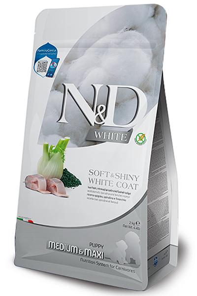 Farmina N&D White Coat Sea Bass, Kelp & Fennel Puppy Medium & Maxi Dry Dog Food package