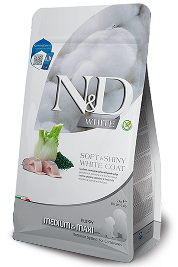 Farmina N&D White Coat Sea Bass, Kelp & Fennel Puppy Medium & Maxi Dry Dog Food package
