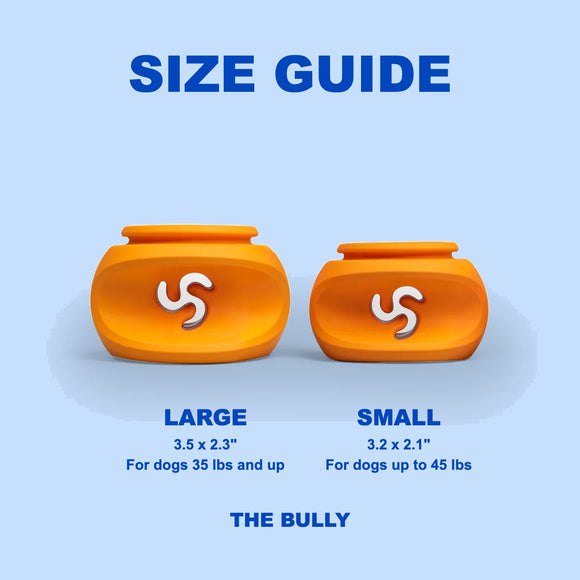 WAGLAB PlayStack The Bully size guide: Large 3.5 x 2.3 in for dogs 35 lbs and up, Small 3.2 x 2.1 in for dogs up to 45 lbs