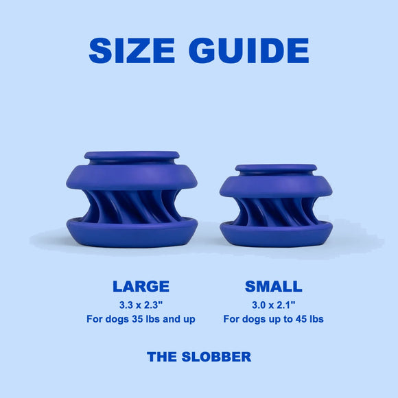 WAGLAB PlayStack The Slobber size guide: Large 3.3 x 2.3 in for dogs 35 lbs and up, Small 3.0 x 2.1 in for dogs up to 45 lbs